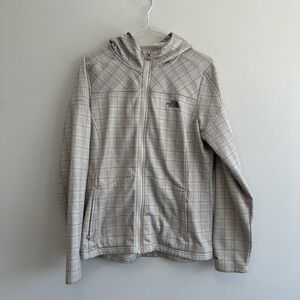 The North Face TKA Stretch Womens Large Full Zip Hooded Jacket Grey Check Fleece